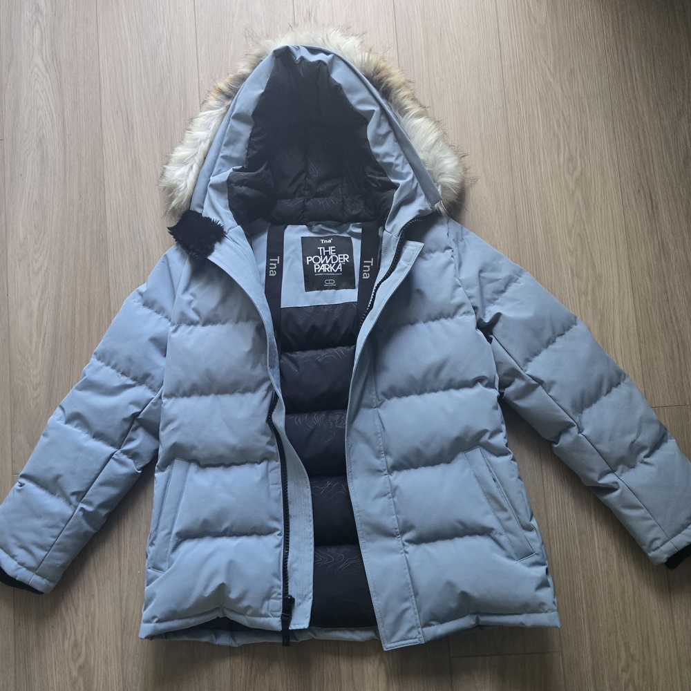 TNA Light Blue Powder Parka short with Faux Fur Hood Trim